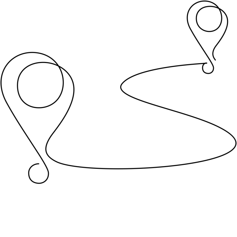 Line drawing of two map markers connected by a curved line